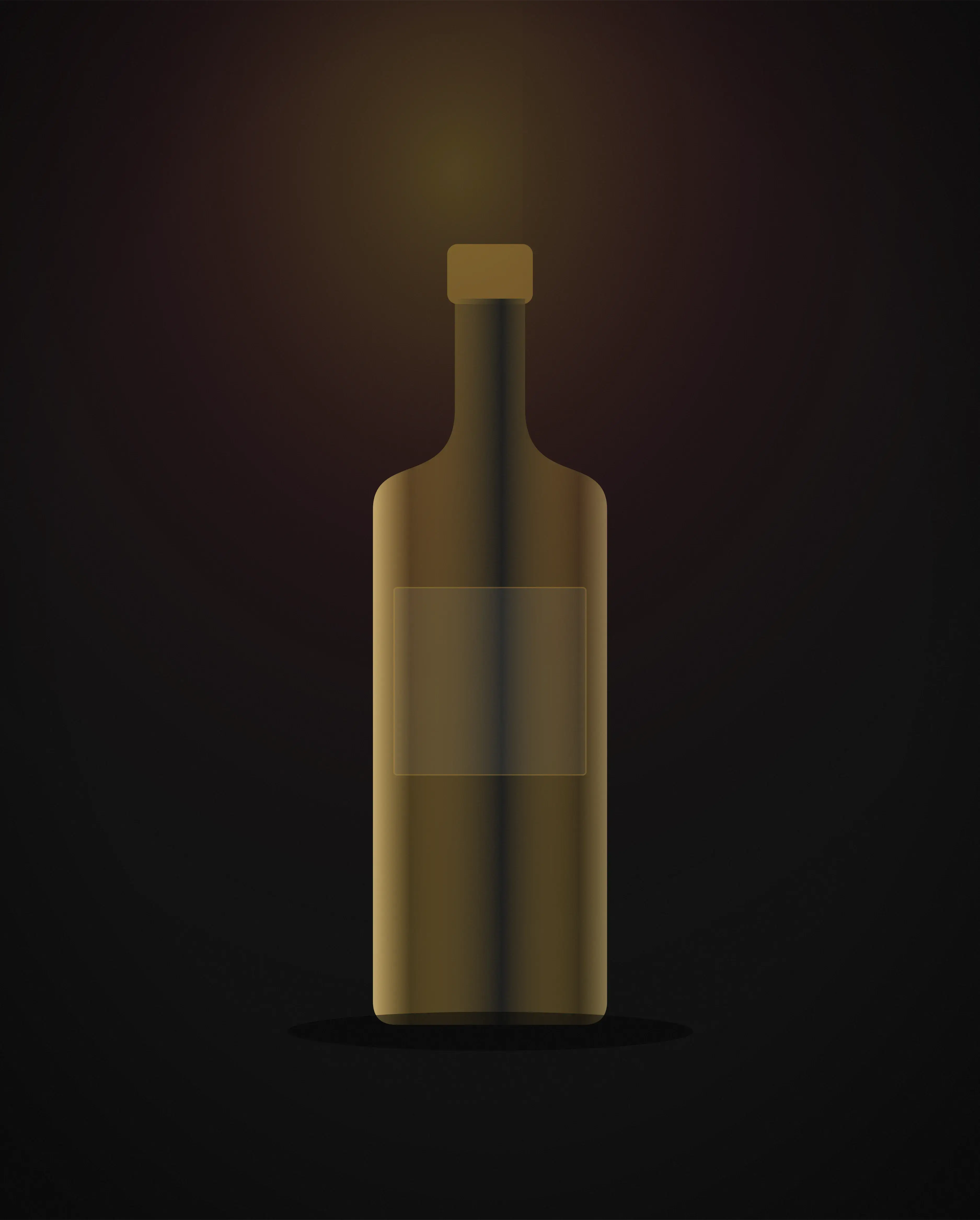 A clear vodka bottle catching gold light on a dark surface